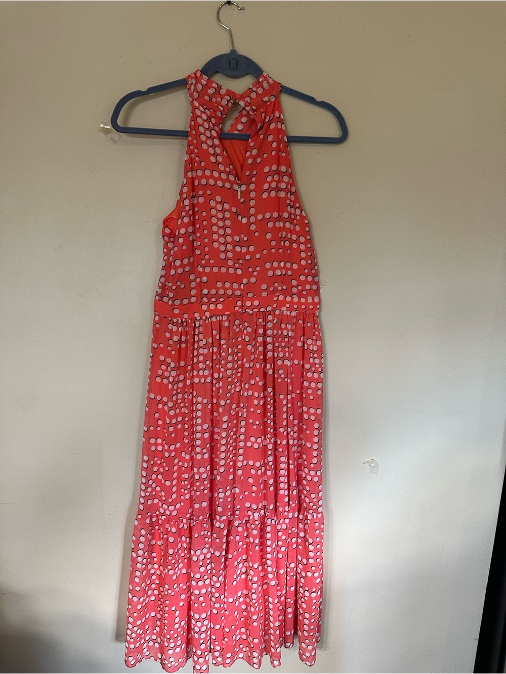 Karl Lagerfeld Coral Polka-Dot Halter Ruffle Midi Dress - Picture 3 of 4